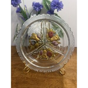 Vintage Imperial Glass Intaglio Fruit Divided Serving Dish Relish Tray MCM